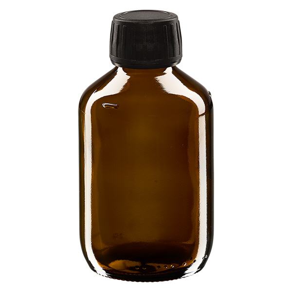 200ml Euro-medicijnfles bruin met zwarte schroefsluiting VR 200ml Euro-medicijnfles bruin met zwarte schroefsluiting VR