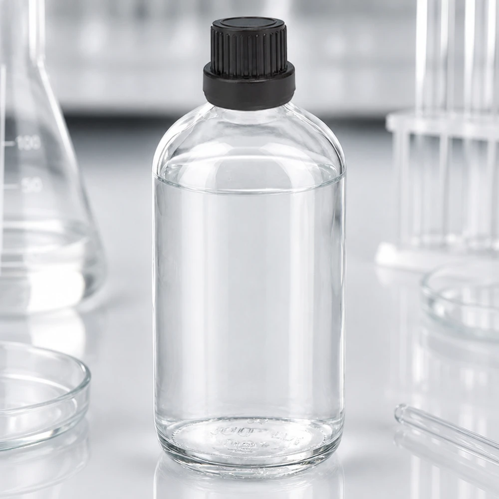 Cilindrische laboratoriumfles van 100 ml met een druppelopening van 2 mm en een zwarte OV-dop ClearLine