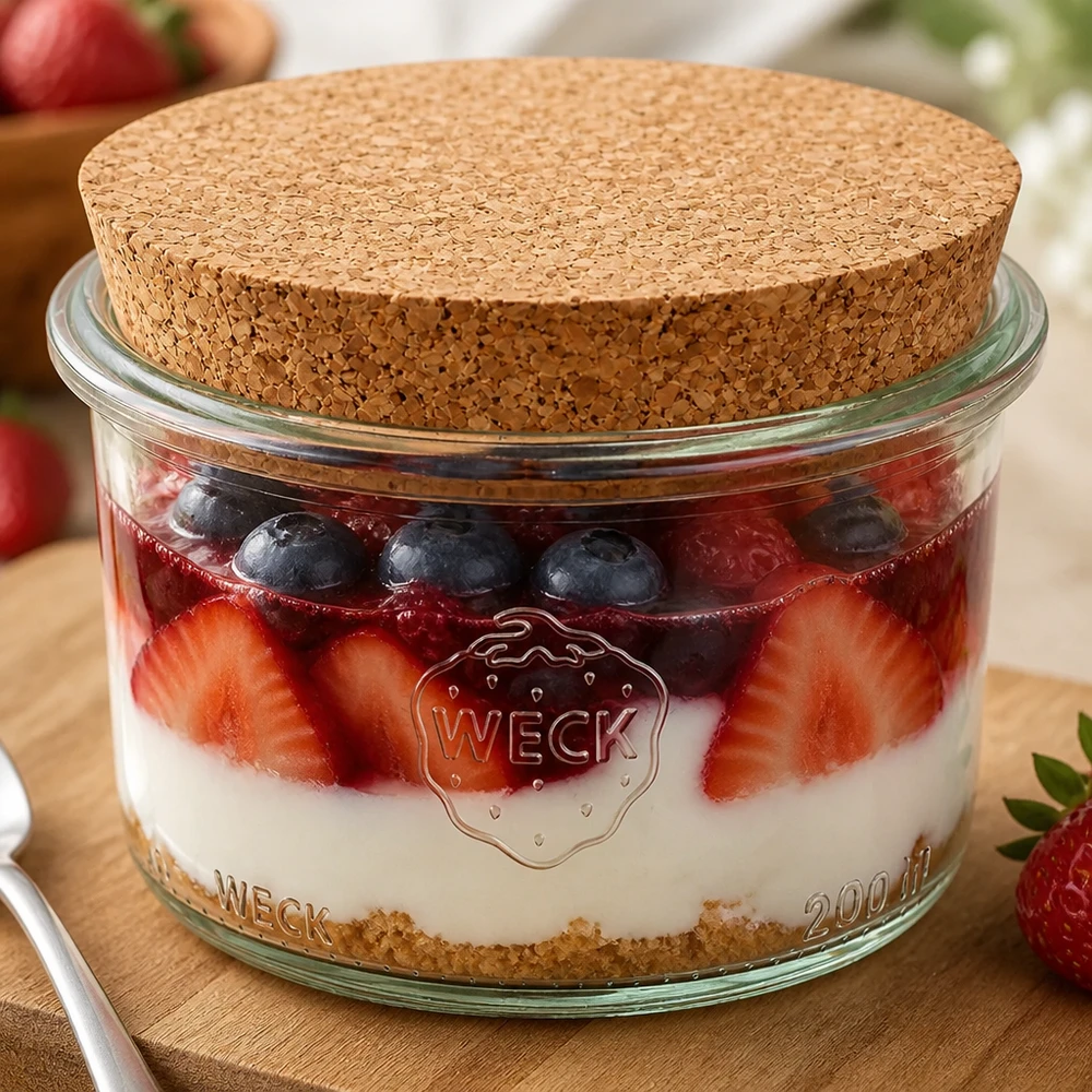 200ml stortglas WECK RR80 met kurk WECK beker 200ml RR80 gevuld met bessentoetje en kurkdeksel toont veelzijdig gebruik als dessertpotje