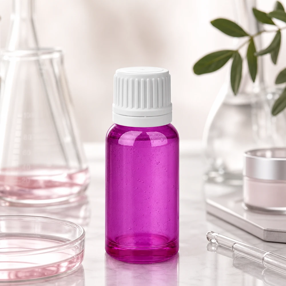 20ml fles 11mm witte originaliteit schroefdop PurpleLine UT18/20 20ml violet glazen flesje met witte veiligheidsdop, ideaal voor apotheken en natuurgeneeskunde