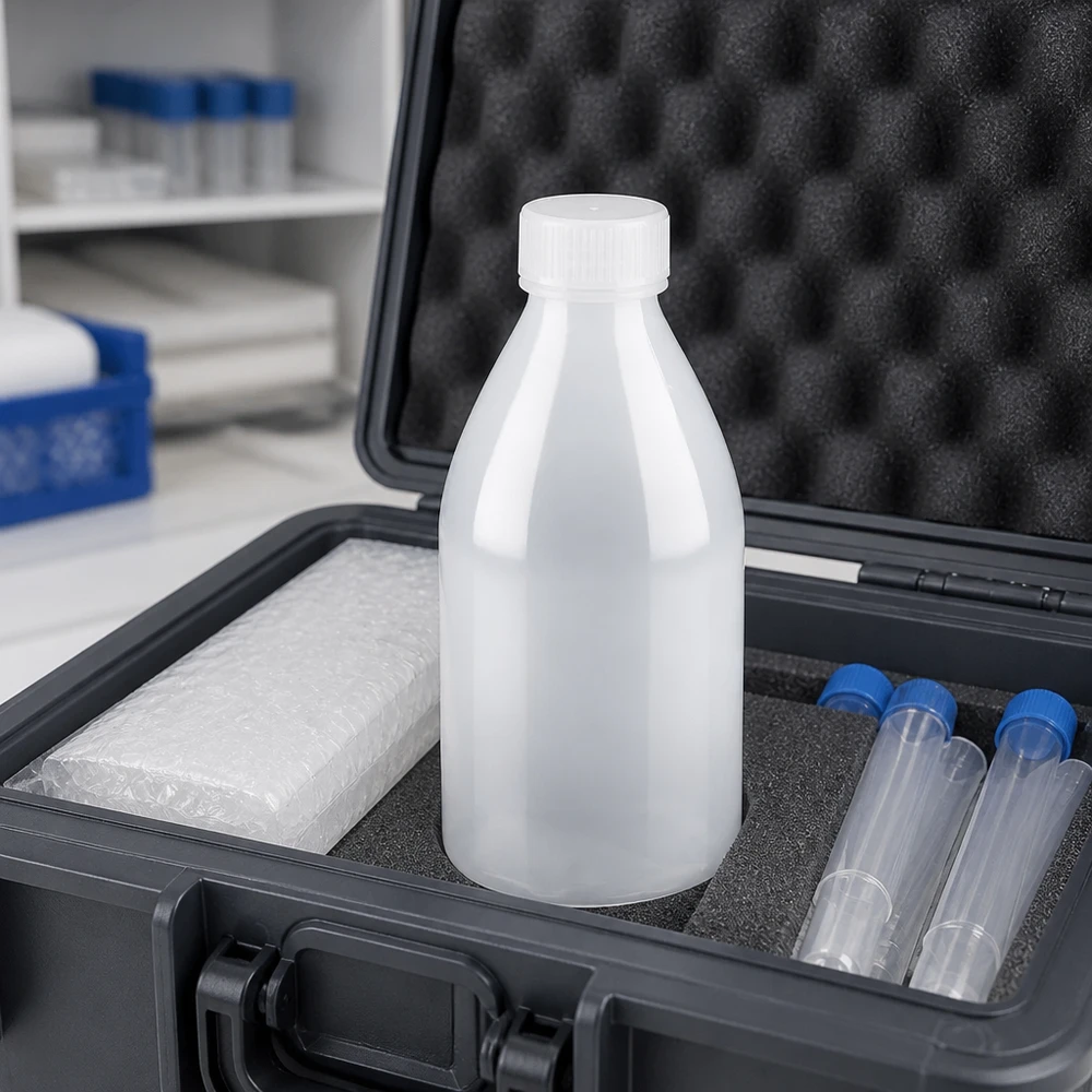 Nauwe hals laboratoriumfles 100ml zonder sluiting Laboratoriumfles van 100 ml met smalle hals, zonder dop, in een set voor veldmonsters, inclusief beschermkoffer