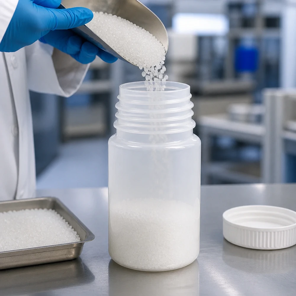 Wijde hals laboratoriumfles 50ml zonder sluiting Natuurlijk troebel, 50 ml kunststof fles met wijde hals, open tijdens de materiaaloverdracht in een laboratoriumomgeving