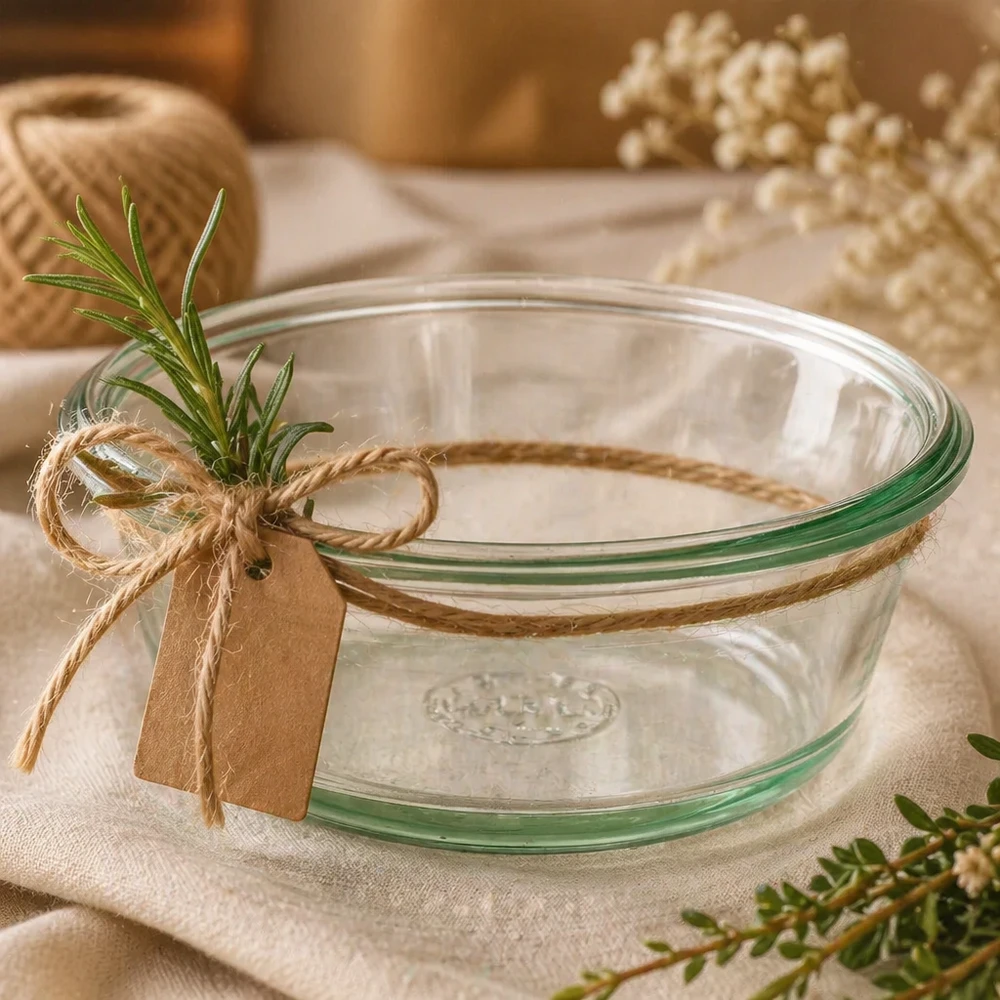 WECK RR120 gourmetglas van 300 ml WECK RR120 gourmetpot 300ml decoratief met jute koord, kruiden en cadeaulabel als cadeau-idee