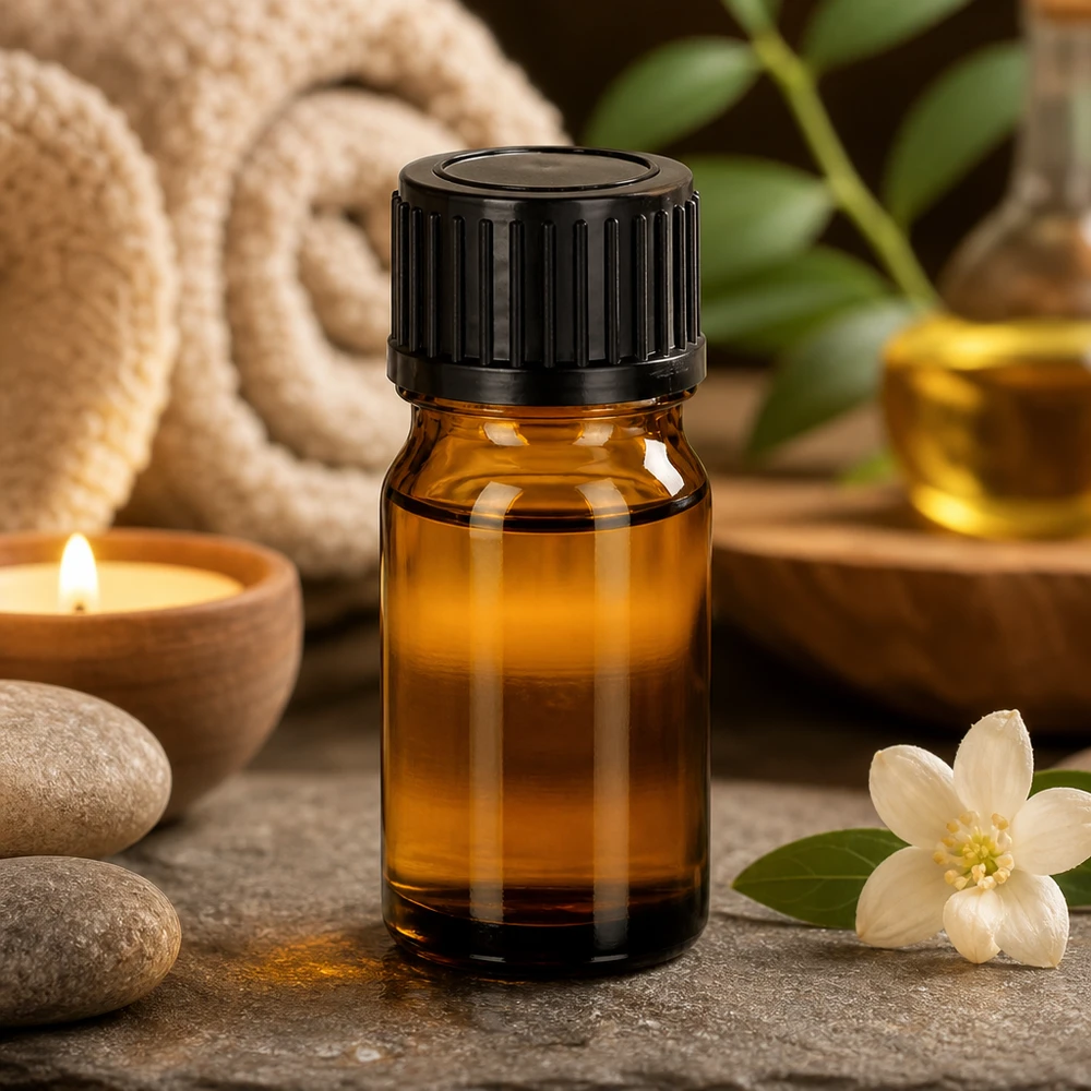 Compact glazen flesje van 5 ml in bruin met zwarte dop voor mobiele aromatherapie onderweg