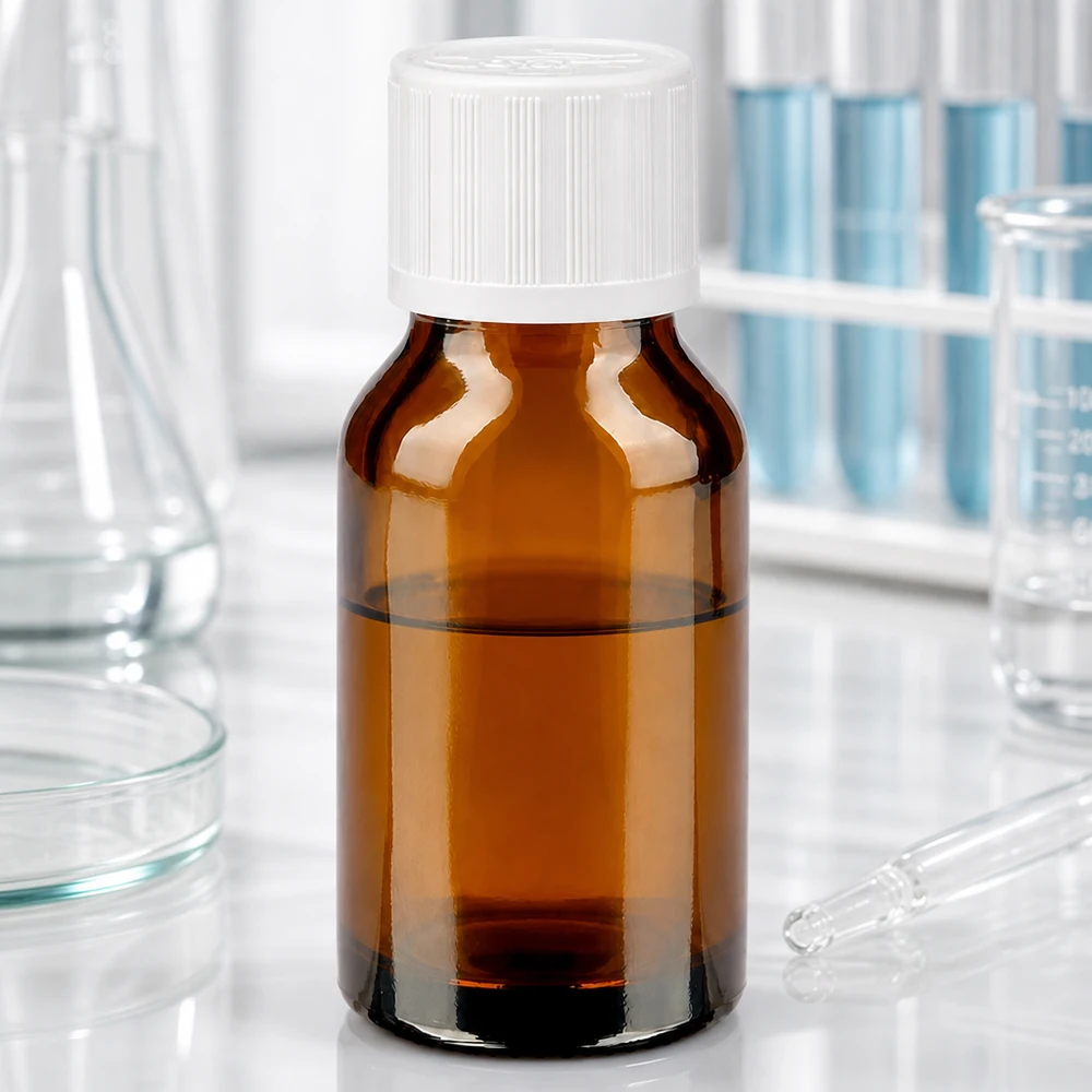 Bruine glazen fles van 30 ml met een wit veiligheidsdopje met reliëfpatroon voor lichtgevoelige stoffen
