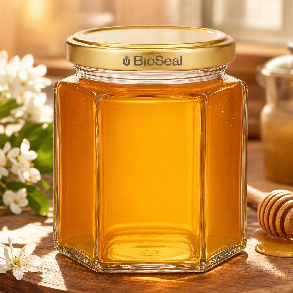 Honingpot 250 g met gouden BioSeal UNiTWIST-deksel Honingpot 250g zeshoekig gevuld met gouden honing BioSeal deksel Imkerverpakking op houten tafel met bloemen
