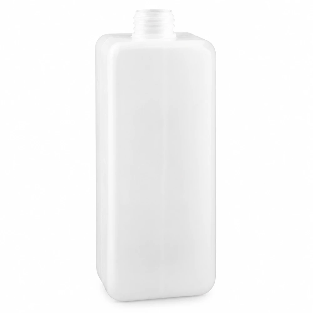 Chemicaliënfles 1000 ml, nauwe hals Witte laboratoriumfles 1000 ml, rechthoekige vorm, PE-HD, smalle hals, GL 32, zonder dop