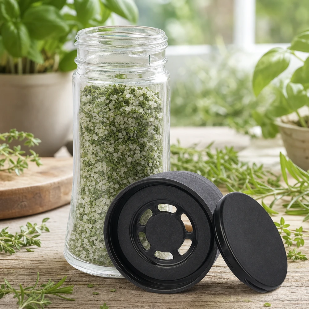 Zout-/kruidenpotje 95 ml met molen (grof) zwart Compact kruidenpotje van 95 ml met een deksel met zeef en molen, zwart, voor grove kruidenmengsels