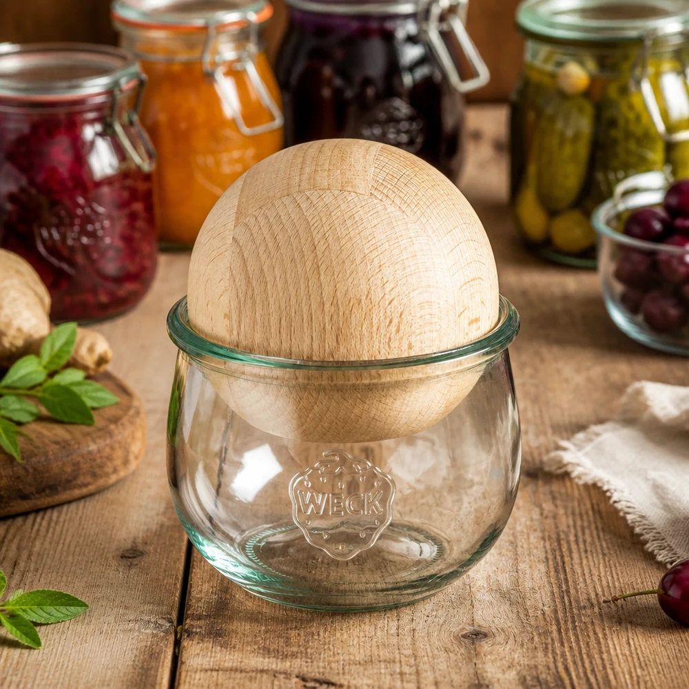 580ml tulpenglas WECK RR100 met houten bal Tulpenpot WECK RR100 met beukenhouten bol in keukensfeer naast kleurrijke inmaakpotten met jam en augurken