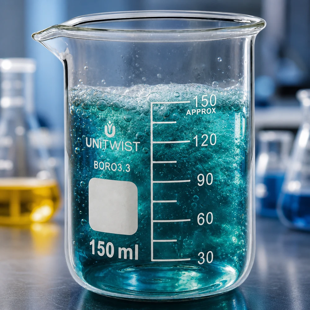Beker 150ml borosilicaat, lage vorm UNiTwist UNiTwist bekerglas 150 ml, borosilicaat, laag model met opschrijfvlak en schuimende reactie