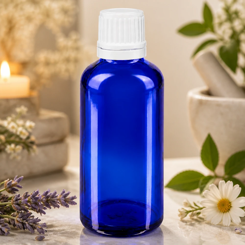 Kobaltblauw flesje van 50 ml met originele witte dop voor aromatherapie en oliën