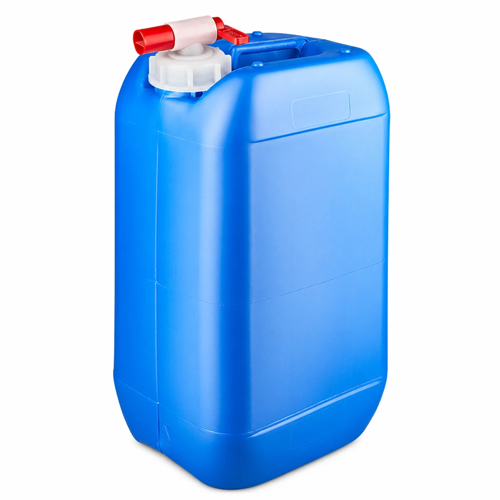 Stevige blauwe kunststof jerrycan van 15 liter met handvat en rode uitloopkraan aan de bovenkant