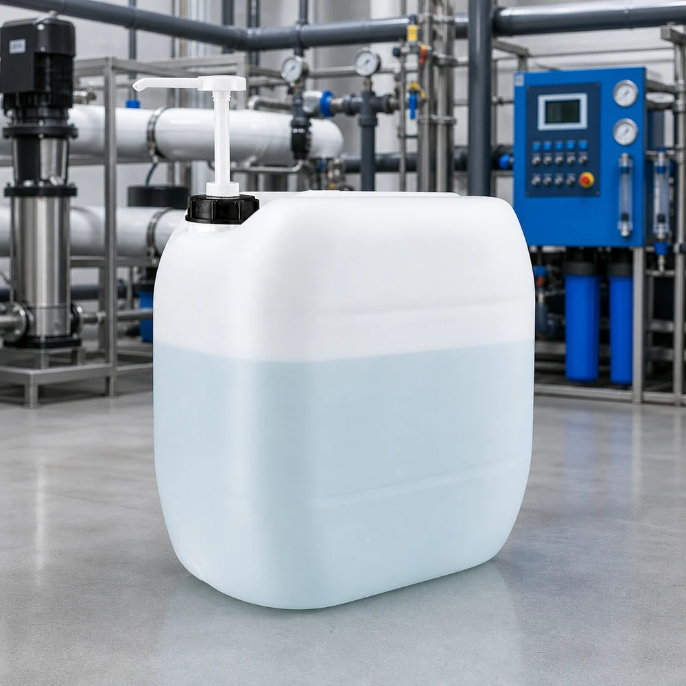 30l Jerrycan, UN-toelating, met doseerpomp Voedselveilige PE-jerrycan van 30 liter met pomp in een industriële omgeving