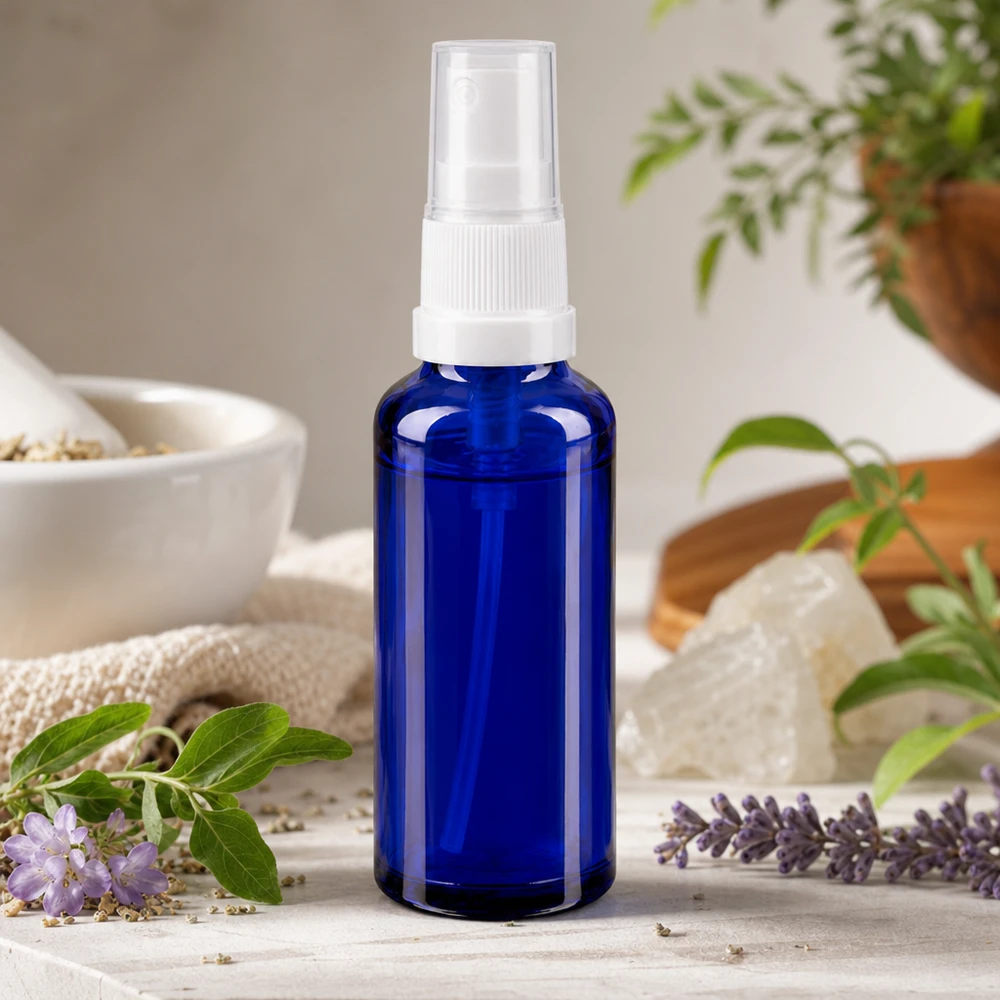 Cilindrische blauwe apothekerssprayfles van UV-bestendig glas in een natuurgeneeskundige omgeving