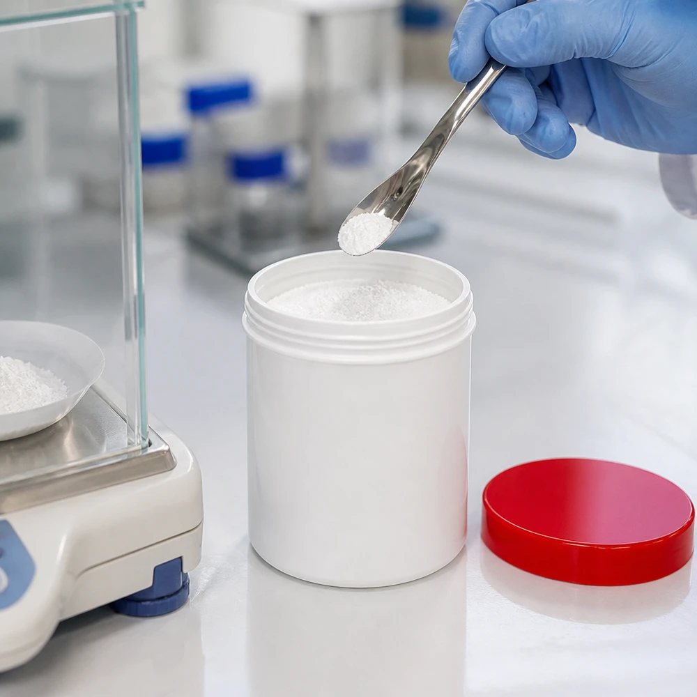 Medische bewaarkruik van 300 g, wit, van PP, met rode schroefdop en spatel
