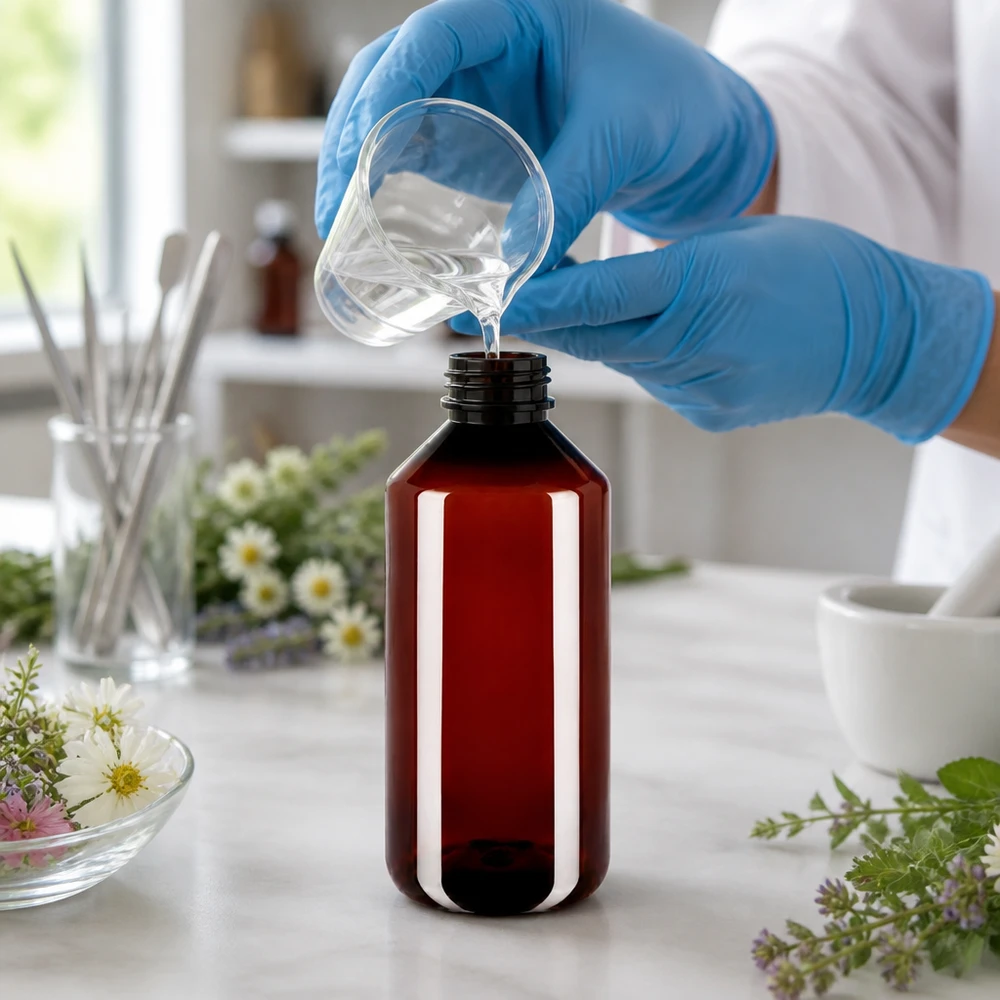 Lichtbestendige fles van 1 liter, bruin PET, met OV-sluiting voor natuurlijke producten