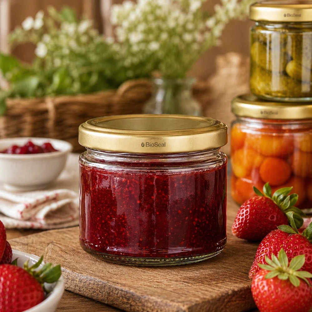 330ml rond glas met BioSeal deksel goud UNiTWIST UniTWIST Runda330 Glas gefüllt mit Erdbeermarmelade zeigt praktische Verwendung für hausgemachte Konfitüren und Aufstric