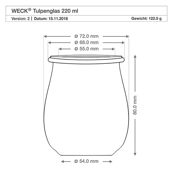 220ml tulpenglas WECK RR60 met houten bal WECK tulpenpot 220ml RR60 technische tekening met afmetingen, diameter en hoogte in millimeters
