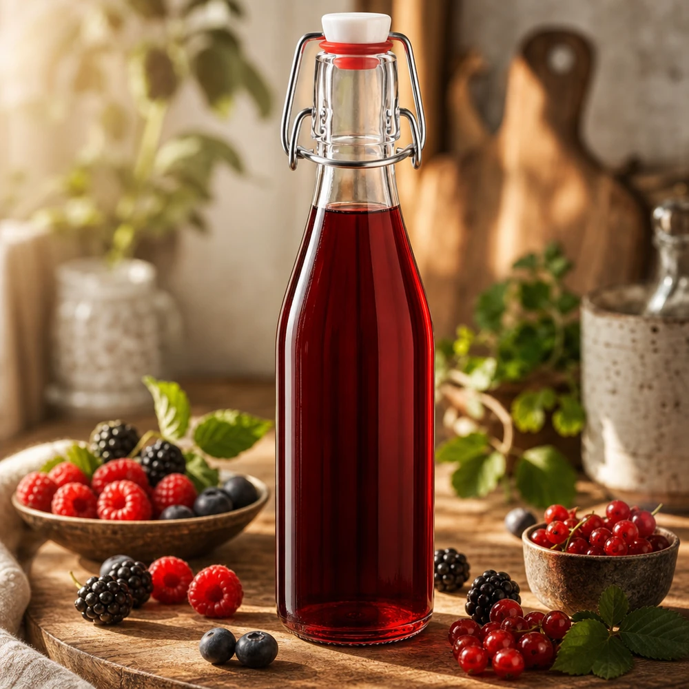 Glazen fles 250 ml + draaidop PVC UNiTWIST Glazen fles van 250 ml met draaidop gevuld met rode bessensap, omringd door verse bessen in een rustieke keukenomgeving