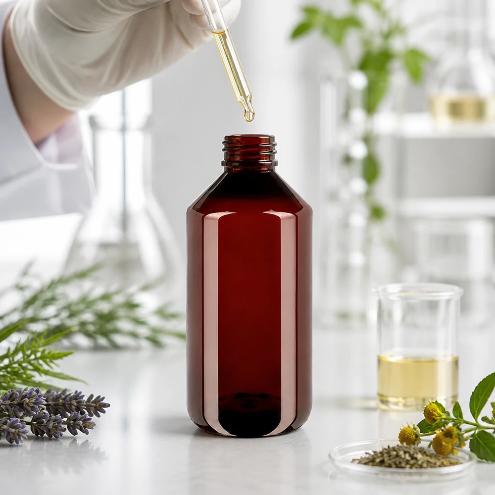 PET fles 750ml met witte/rode verzegelstop Verzegelstop Lichtbestendige PET-fles van 750 ml, bruin, met veiligheidssluiting voor plantaardige extracten
