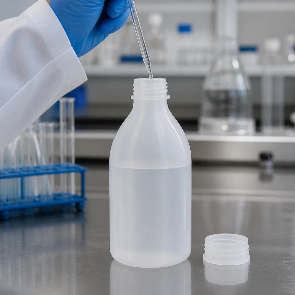 Nauwe hals laboratoriumfles 250ml zonder sluiting Het vullen van een laboratoriumfles van 250 ml met smalle hals, gemaakt van PE-kunststof, met een druppelpipet