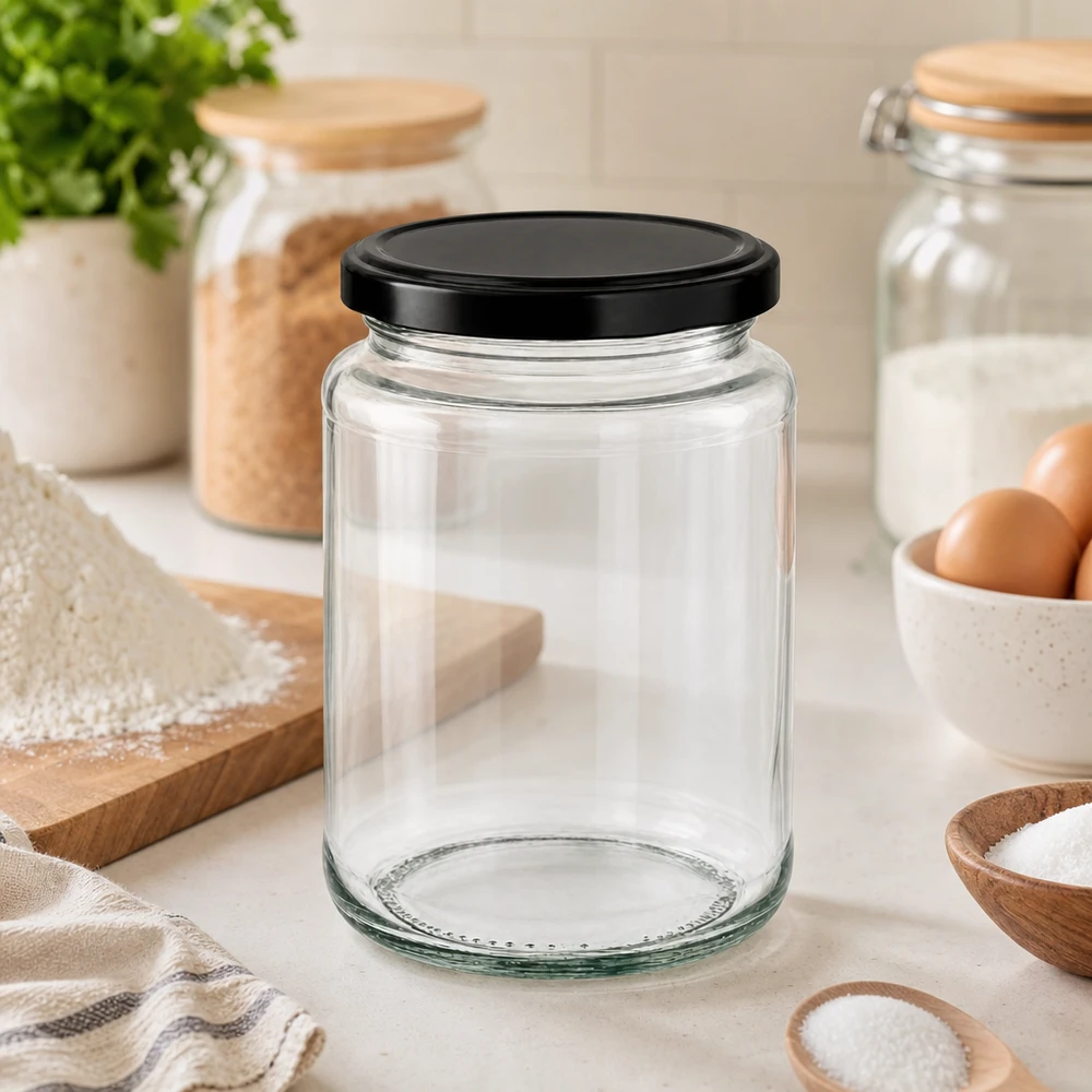 382ml rond glas met BasicSeal deksel zwart UNiTWIST 382ml ronde pot met BasicSeal deksel zwart in een moderne keuken tussen voorraadpotten, eieren en keukengerei