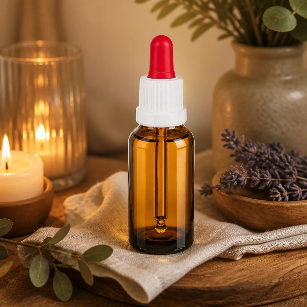 Farmaceutische glazen fles van 20 ml met witte draad en rode pipetpunt voor steriele toepassingen