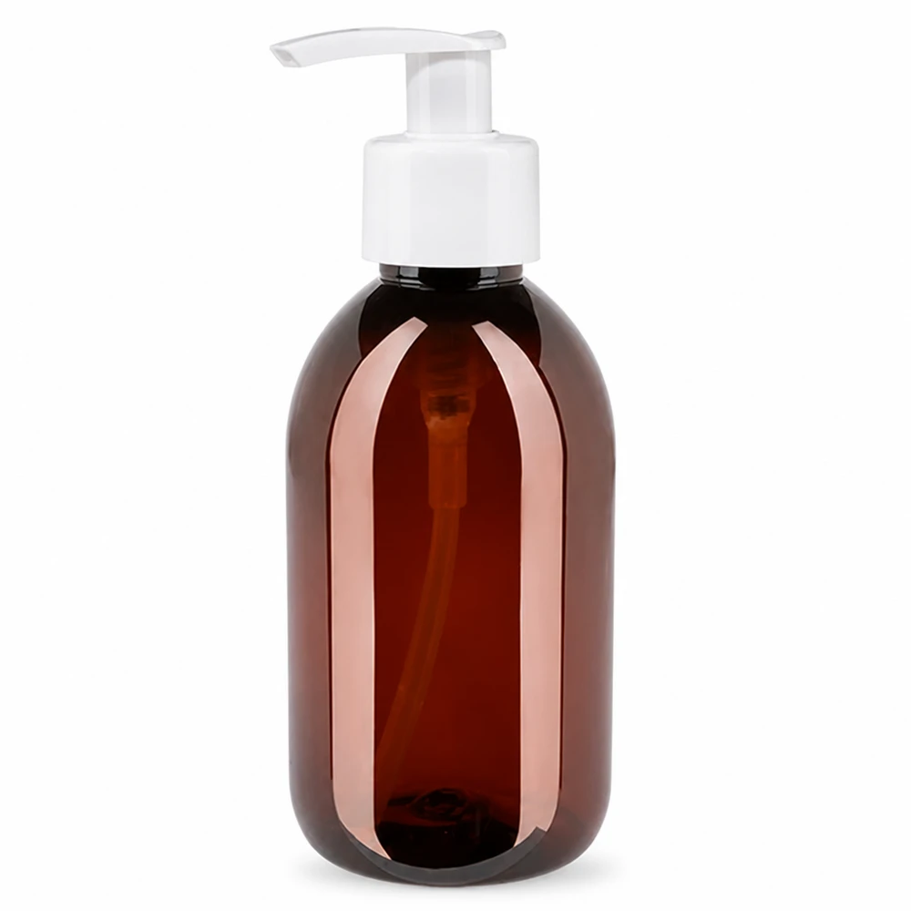 250 ml PET medicijnfles met wit dispenserpomp, standaard Runde PET Dispenserflasche 250ml bernsteinfarben UV-Schutz mit weisser Lotionspumpe