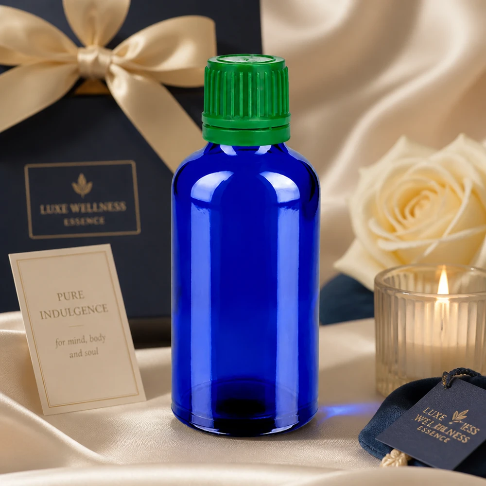 50ml glazen fles BlueLine serie met groene schroefdop voor lichtgevoelige stoffen