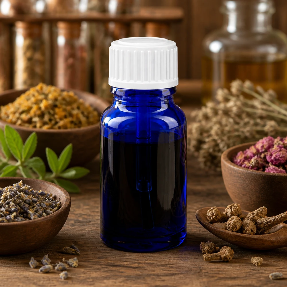 UV-beschermglas 10 ml blauw met STD-penseeldop wit voor natuurlijke geneesmiddelen en essences
