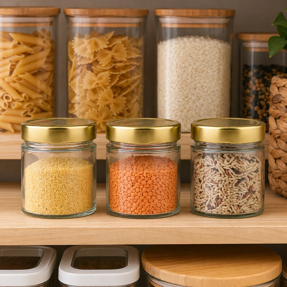 154ml rond glas met BasicSeal deksel goud deep UNiTWIST 154ml BasicSeal goud ronde pot in voorraadkast scène met peulvruchten rijst pasta opslag keukenkast