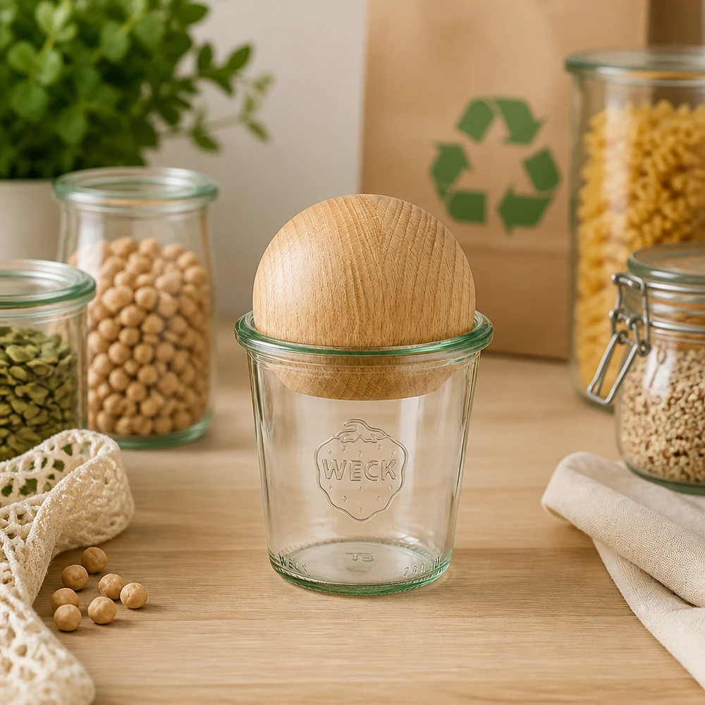 WECK beker 290ml RR80 met beukenhouten bal in duurzame zero-waste keuken tussen voorraadpotten en recyclelogo