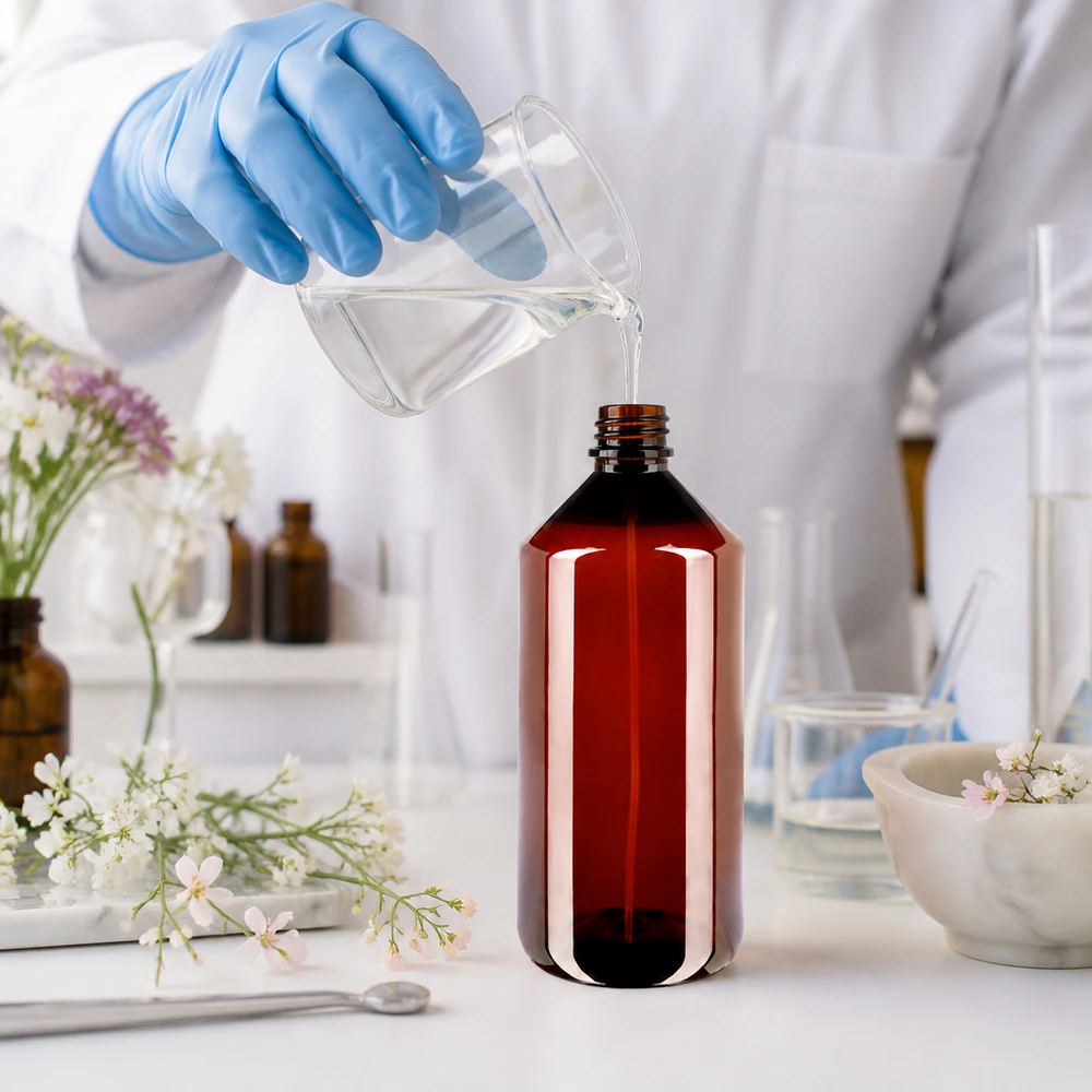 Productie van natuurlijke cosmetica in een amberkleurige PET-spuitfles in een professioneel laboratorium