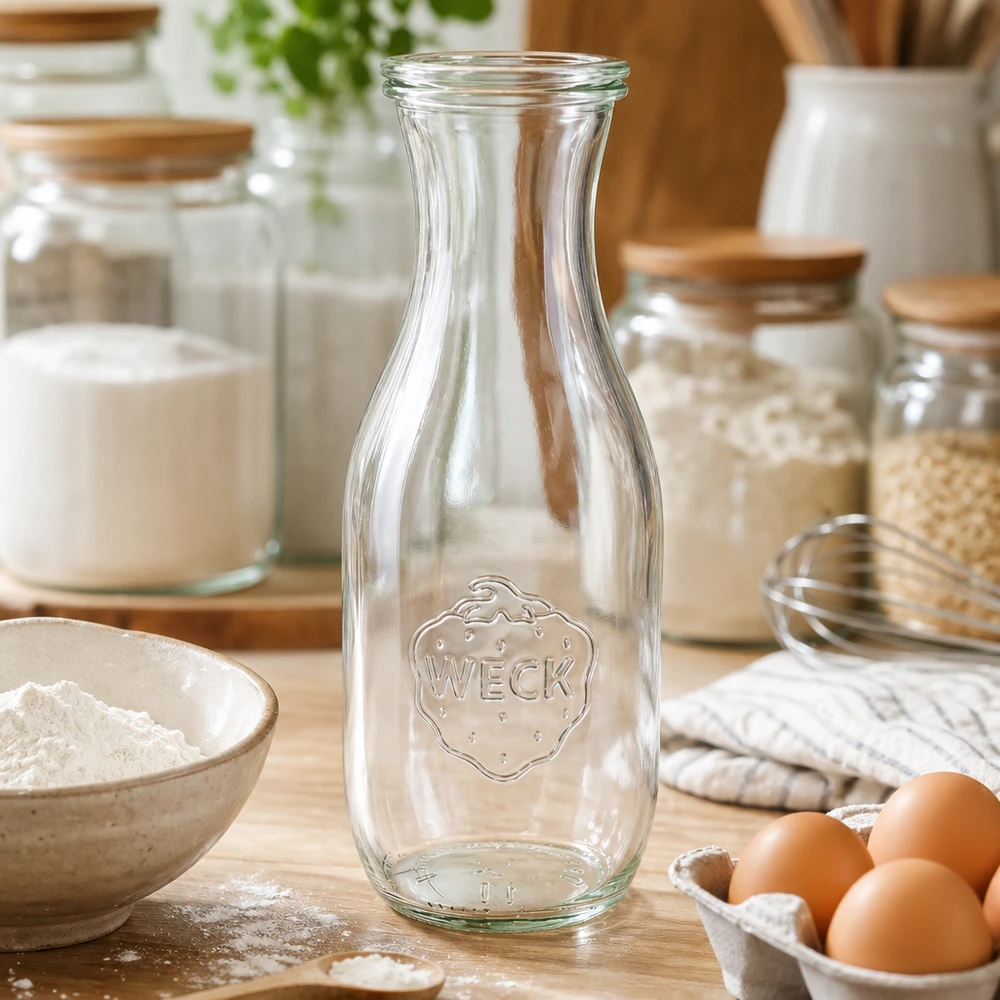 WECK sapfles 1062ml leeg in keuken met bakingrediënten bloem eieren en voorraadpotten op houten werkblad