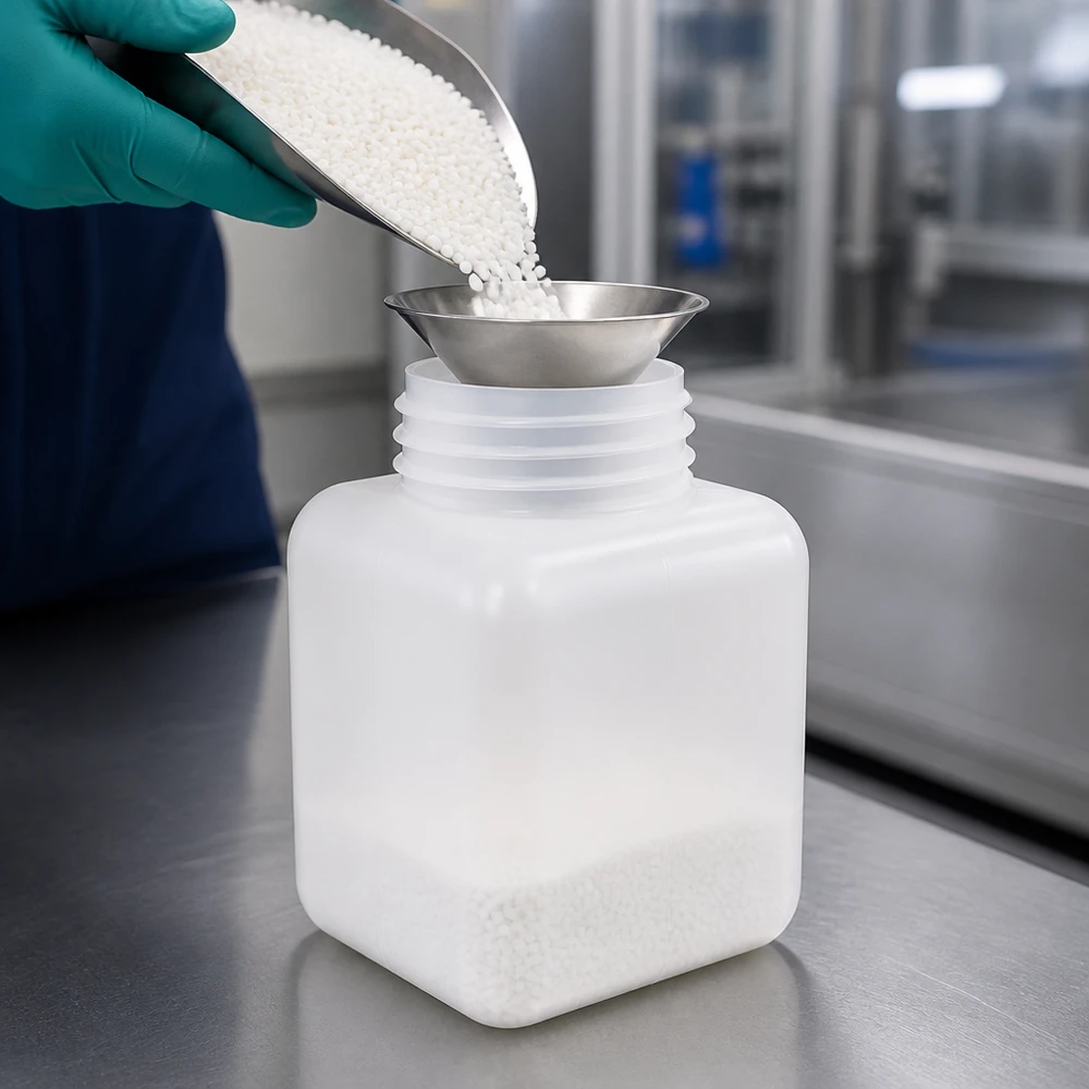 Chemicaliënfles 500 ml, wijde hals Het vullen van een PE-HD-fles met brede hals van 500 ml met kunststofgranulaat met behulp van een metalen trechter