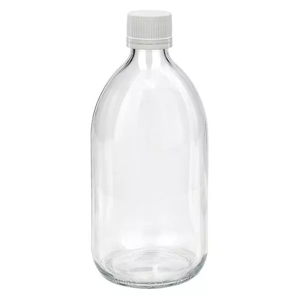 500ml Euro-medicijnfles helder met witte gegroefde schroefsluiting VR 500ml Euro-medicijnfles helder met witte gegroefde schroefsluiting VR