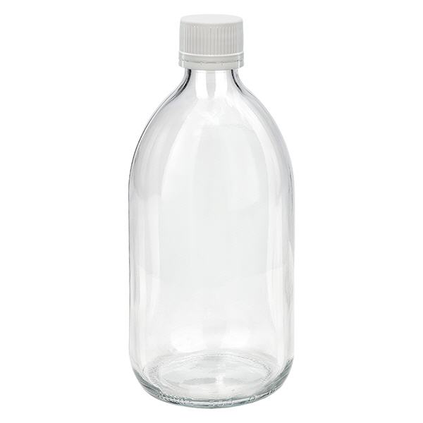 500ml Euro-medicijnfles helder met witte gegroefde schroefsluiting VR 500ml Euro-medicijnfles helder met witte gegroefde schroefsluiting VR