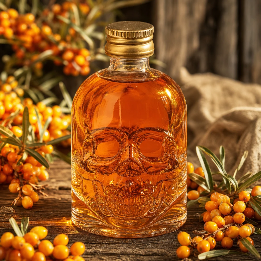 50ml Hector glazen fles met schedelreliëf en amberkleurige inhoud tussen duindoornbessen op een houten tafel