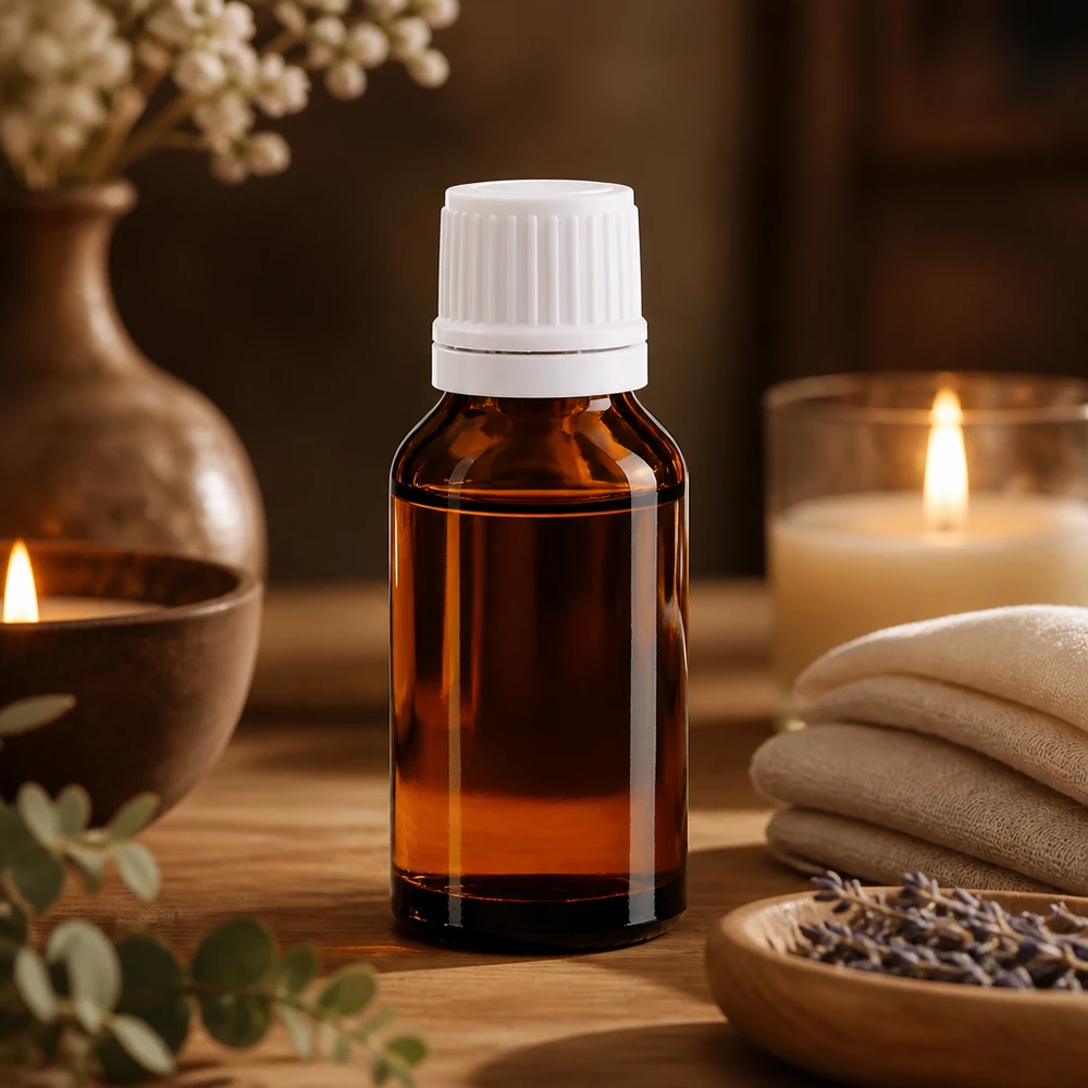 Compacte bruine fles van 15 ml met een wit druppelgedeelte, omringd door lavendel en ontspanningsartikelen