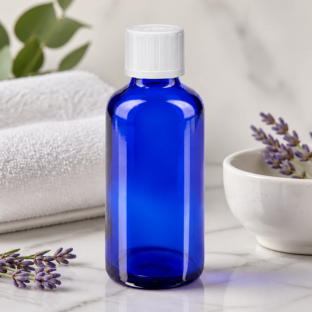 Blauwe glazen flessen 50ml met wit schroefsluiting kinderslot St Blauwe glazen fles met UV-bescherming van 50 ml en een witte veiligheidsdop voor etherische oliën