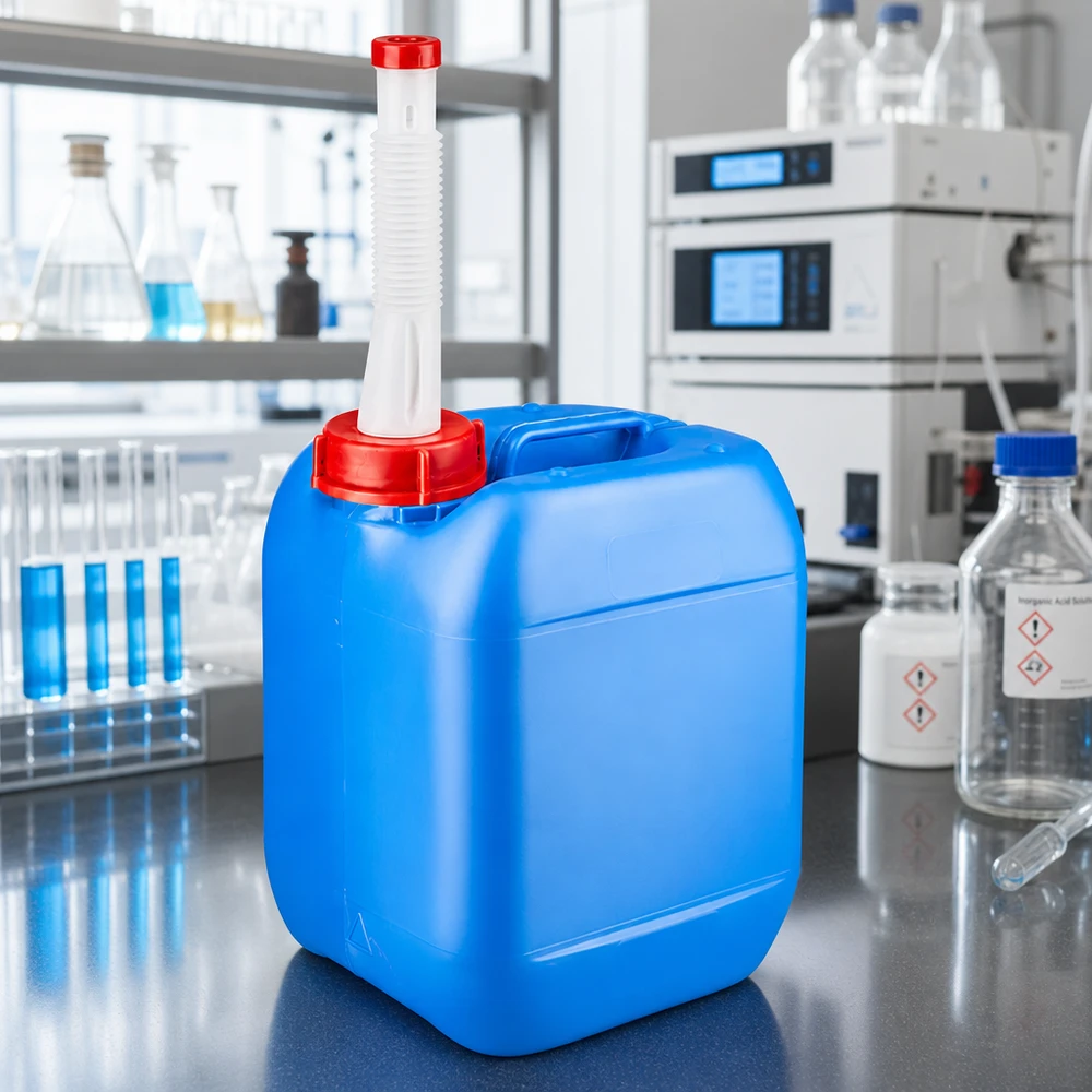 Stevige kunststof container van 5 liter met UN-goedkeuring en flexibele uitloopbuis voor gebruik in het laboratorium
