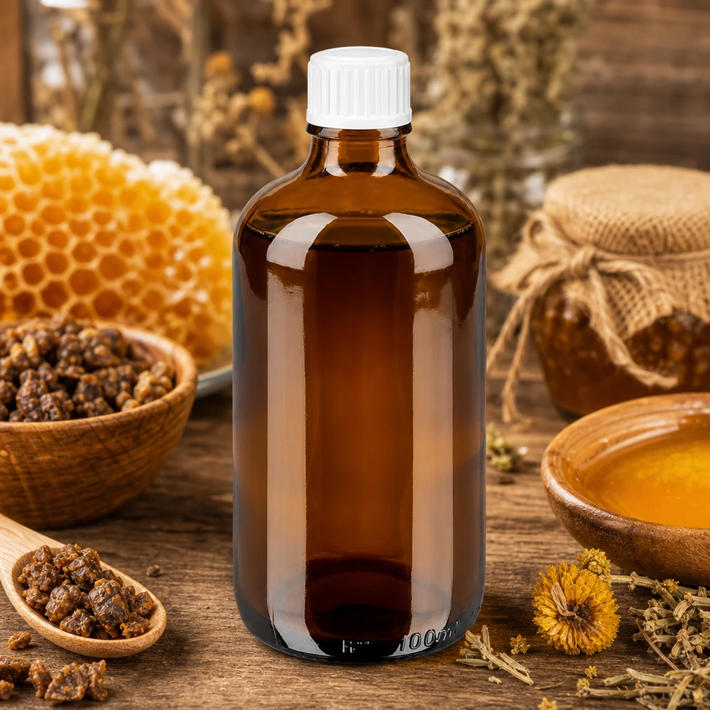 Bruine glazen fles 100ml met wit schroefsluiting St Lichtbestendige Apofles van 100 ml van bruin glas met een witte dop en propolis-grondstoffen