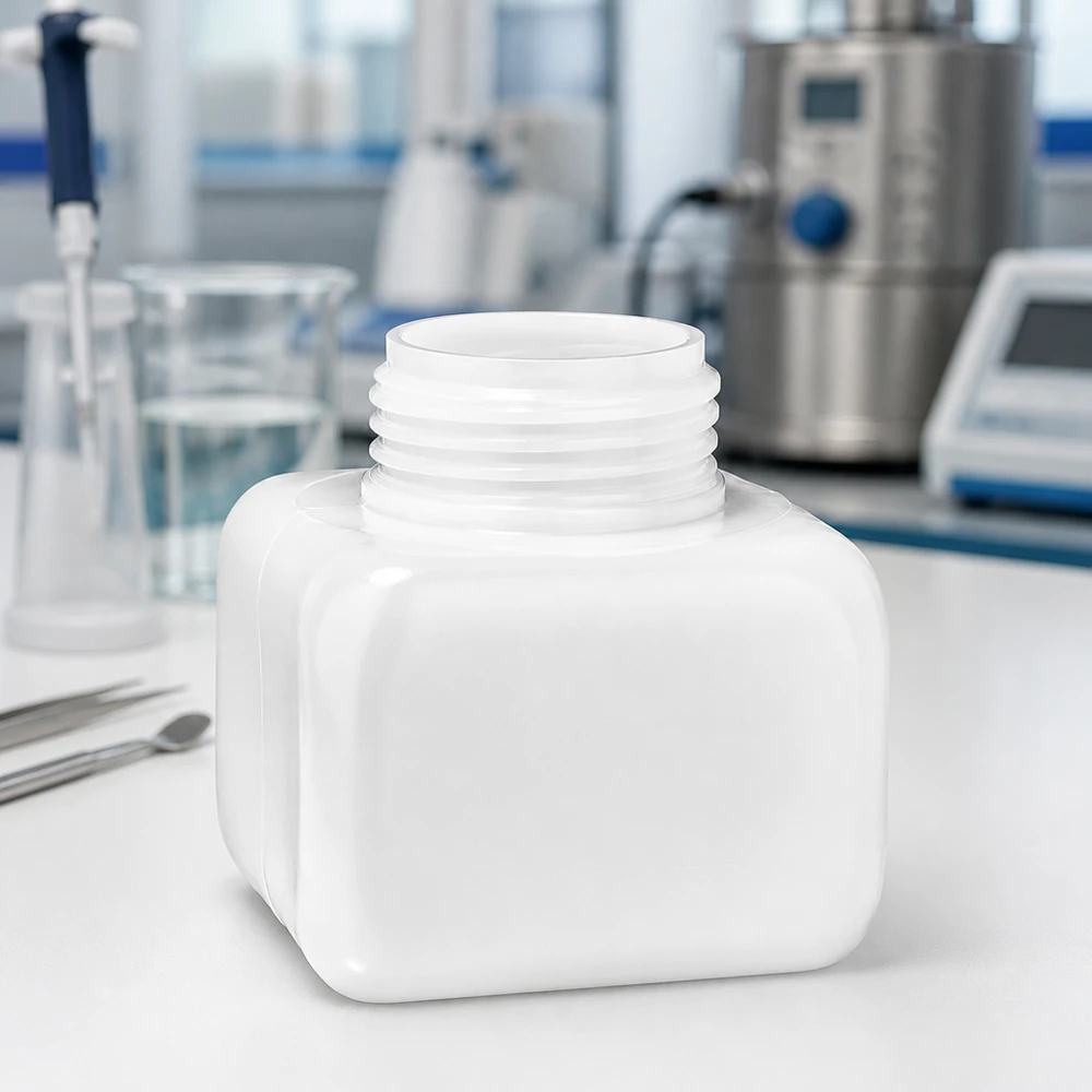 Chemicaliënfles 250 ml, wijde hals Kunststof fles 250 ml, vierkante vorm, brede hals, PE-HD, ruimtebesparend, opslag, laboratorium