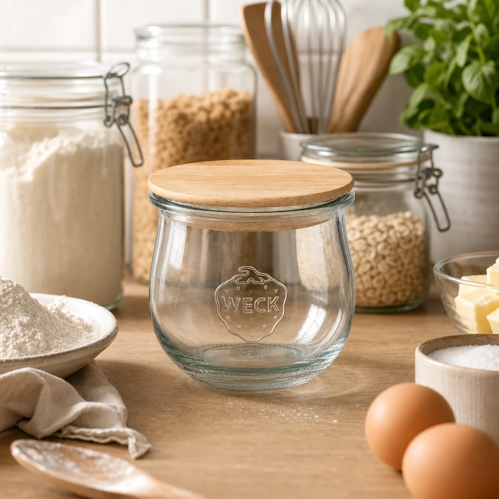 370ml tulpenglas WECK RR80 met hout deksel WECK tulpenpot 370ml RR80 met houten deksel opgesteld in een moderne keuken tussen voorraadpotten en bakingrediënten