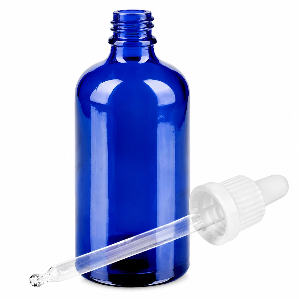 Kleine glazen fles 100ml blauw met pipet voor doe-het-zelf cosmetica en serums