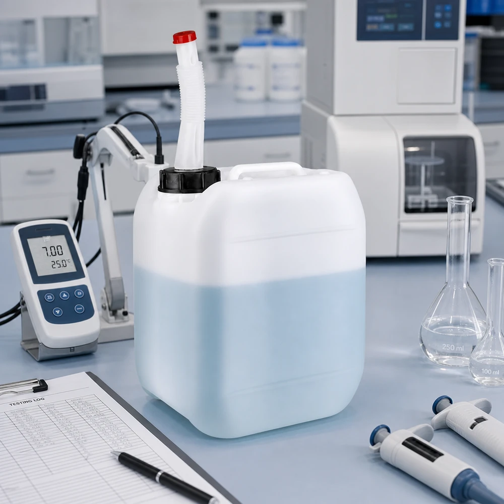 Vierkante HDPE-kanister van 5 liter met flexibele uitloop tussen pipetten en laboratoriumapparatuur