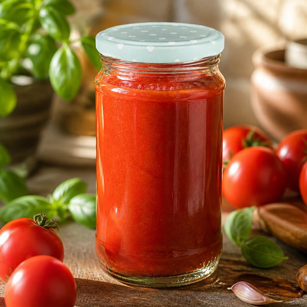 Tomatensaus in een rond UNiTWIST-glazen potje van 370 ml met een mintkleurig BasicSeal-deksel met stippen, naast verse tomaten