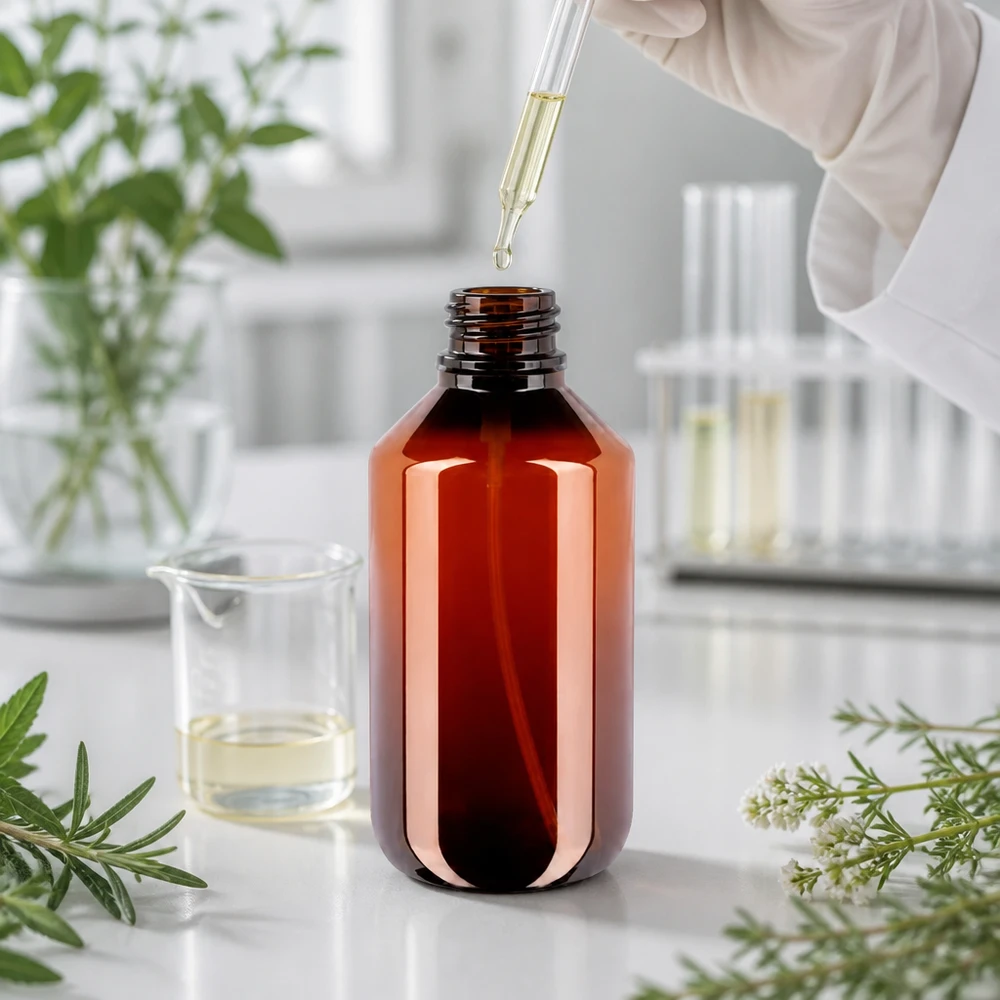 200 ml PET medicijnfles met verstuiver wit GCMI 28/410 incl. dop transparant, standaard PET Flasche 200ml mit weissem Zerstäuberaufsatz für Seren Tonikums und Pflanzenwässer