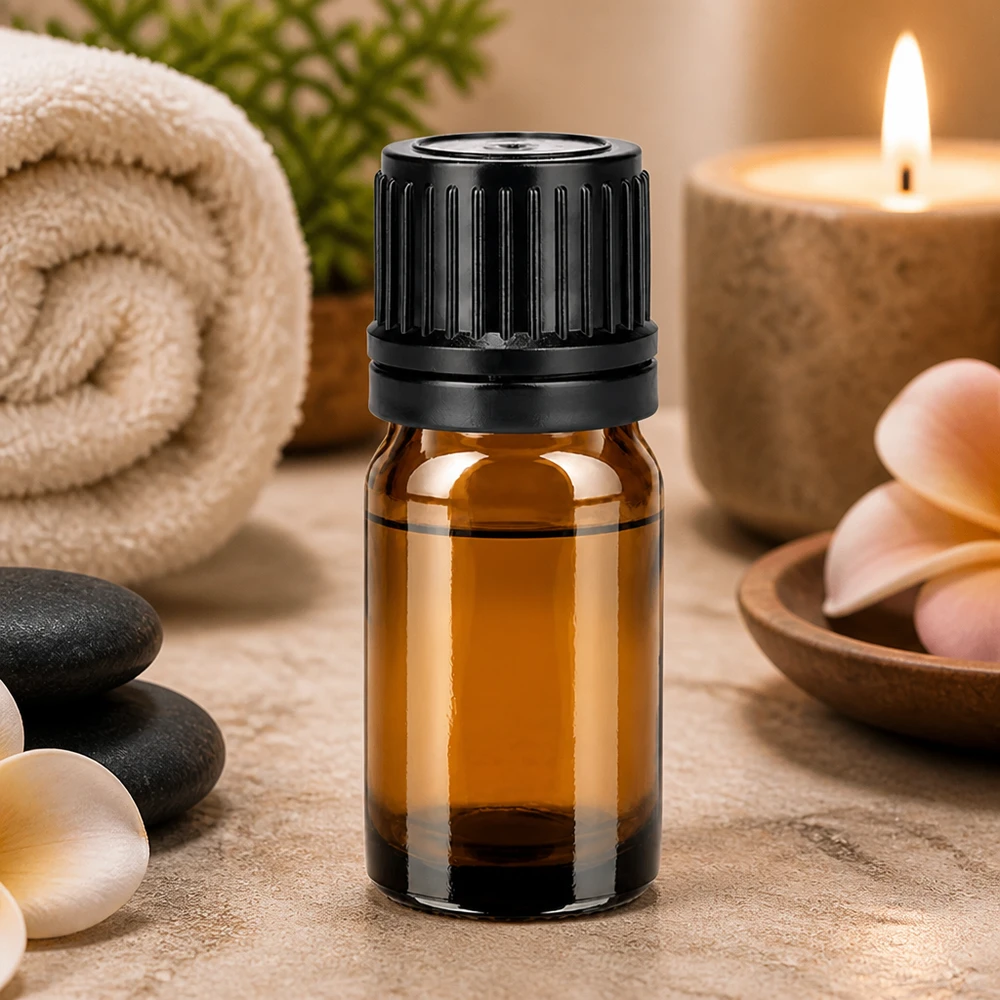 Hoogwaardige 5ml apothekersfles van amberkleurig glas met robuuste zwarte schroefdop