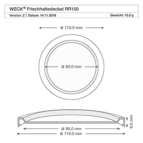 WECK RR100-pot van 370 ml met vershouddeksel Technische tekening WECK klemdeksel RR100 met afmetingen 110mm en 95mm diameter voor Gugelhupf pot
